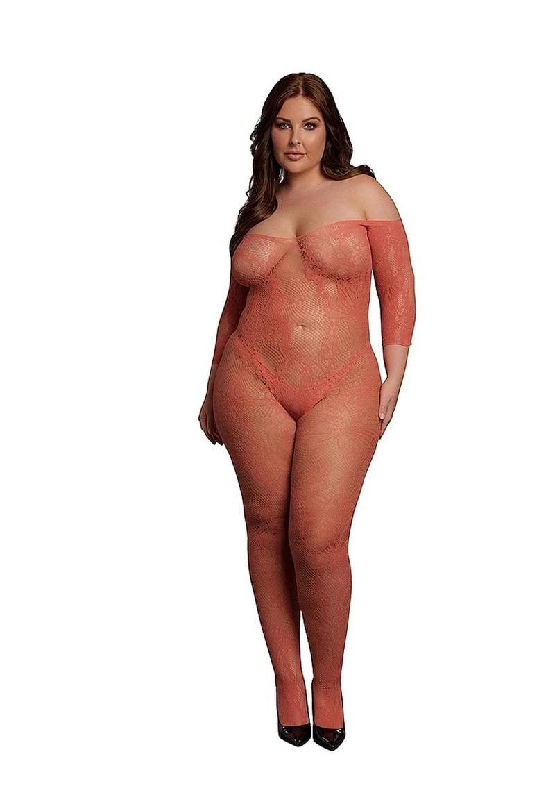 Le Desir Lace Long Sleeved Bodystocking - Queen - Sunset Glow