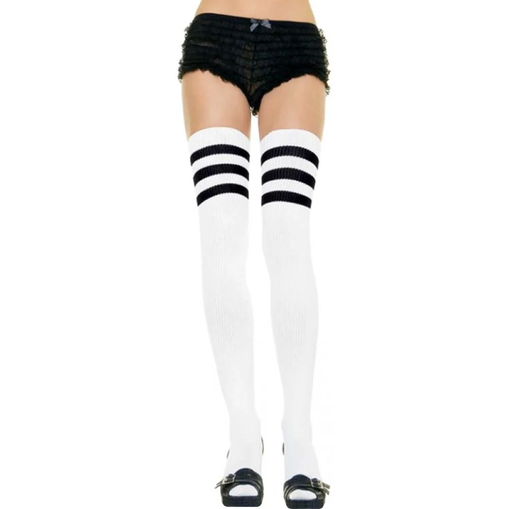 Leg Avenue Athletic Thigh Highs with 3 Stripe Top, One Size, White/Black