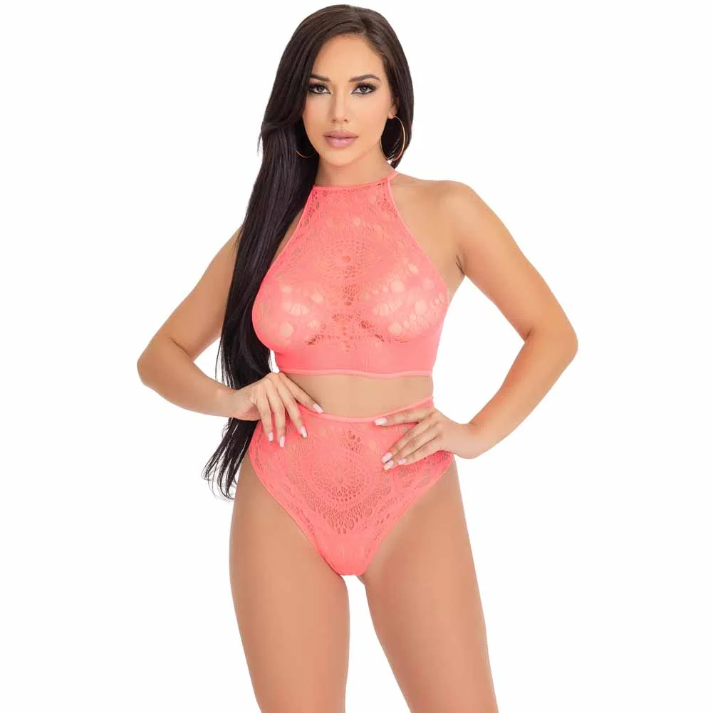 Leg Avenue Crochet Lace Halter Top and Panty Set, Small/Medium, Coral