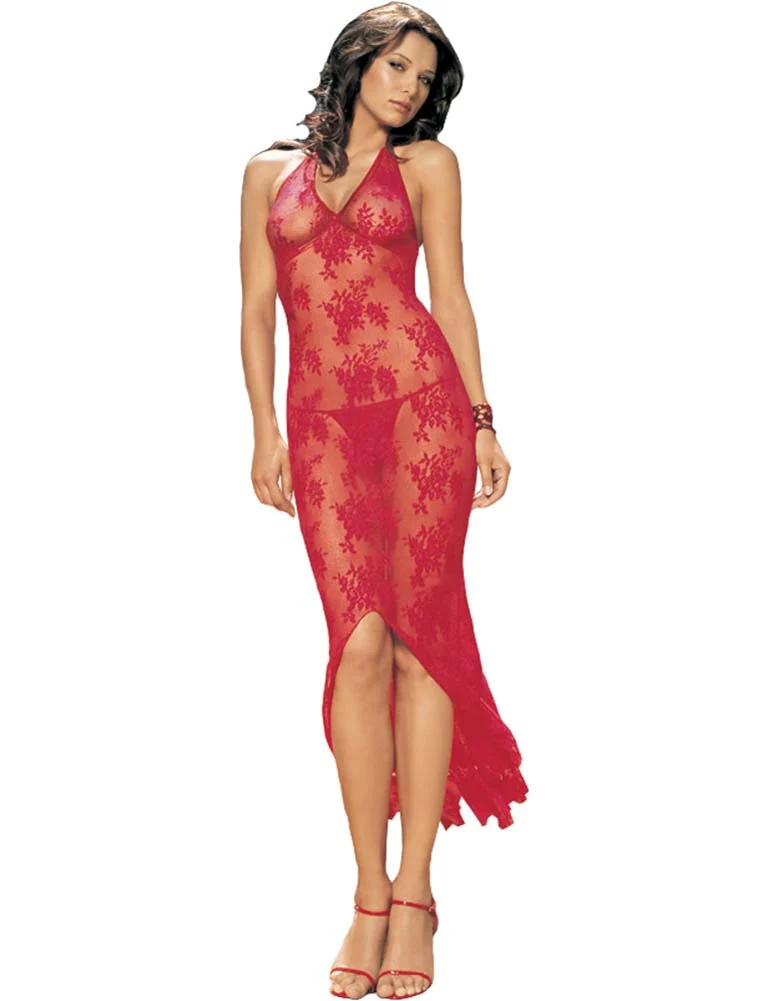 Leg Avenue Halter Lace Long Gown with Matching G-String, One Size, Red