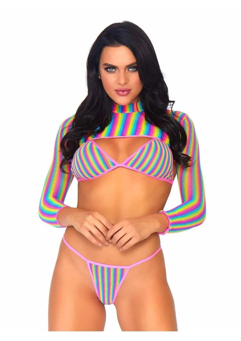 Leg Avenue Rainbow Fishnet Bikini Top, G-String, and Long Sleeved Crop Top