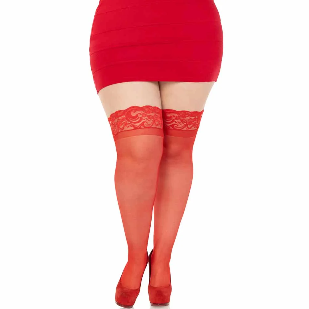 Leg Avenue Stay Up Lace Top Sheer Thigh High Stockings, Queen, Red