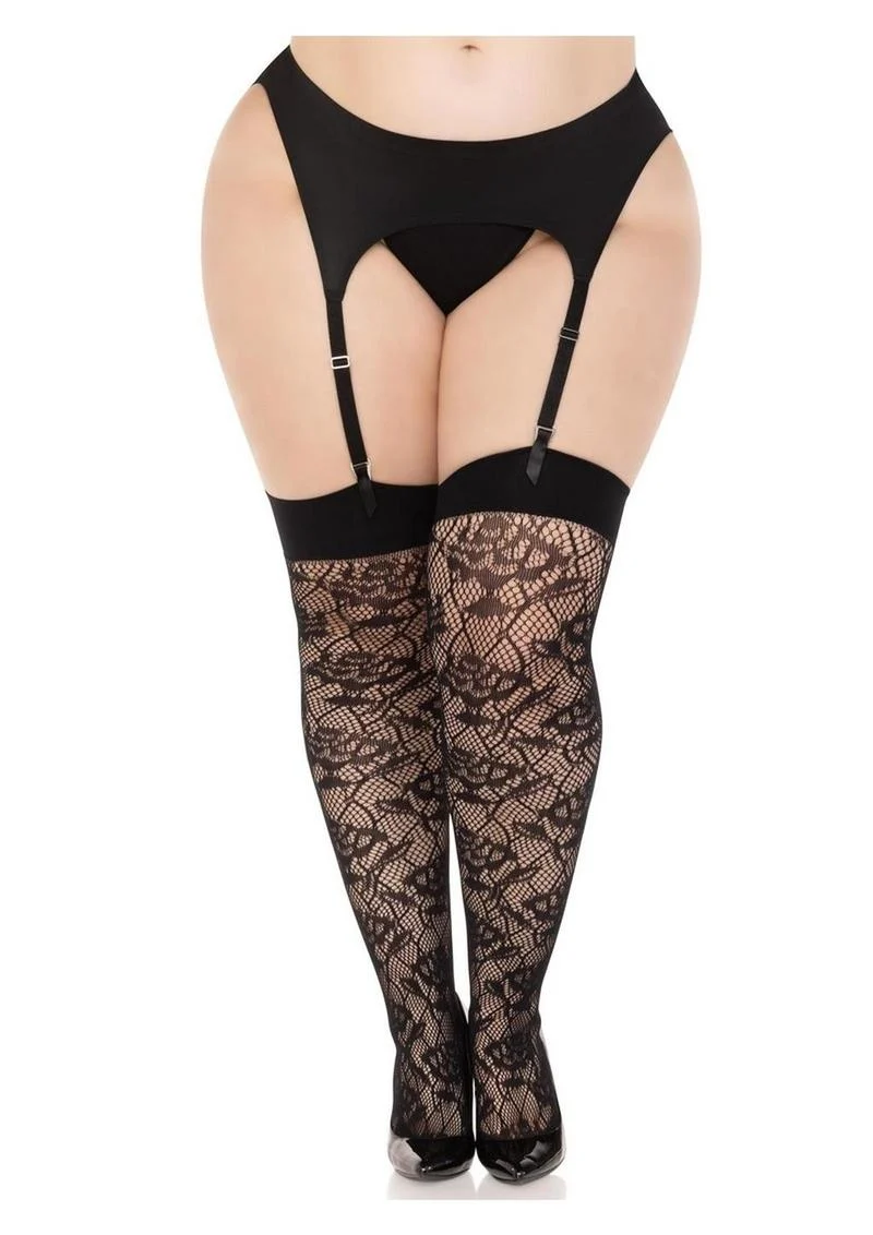 Leg Avenue Wild Rose Net Thigh Highs - 1x-2x