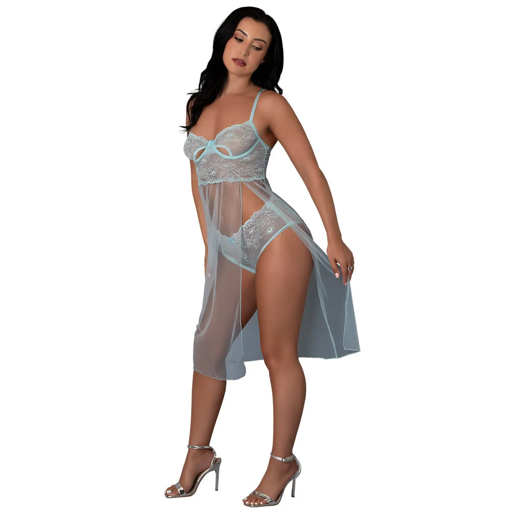 Magic Silk Blue Sky Long Chemise & Boy Short Panty Blue