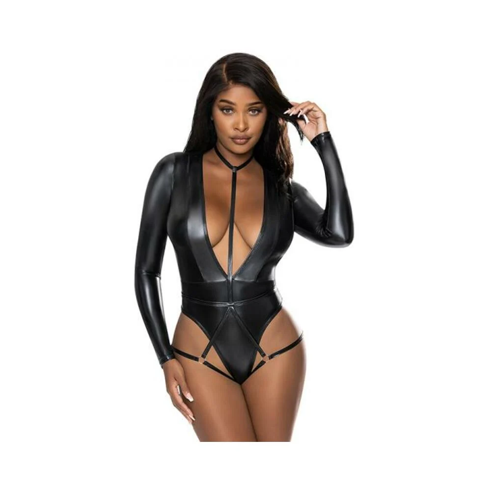 Magic Silk Liquid Onyx Long Sleeve Teddy with Harness Caging Black