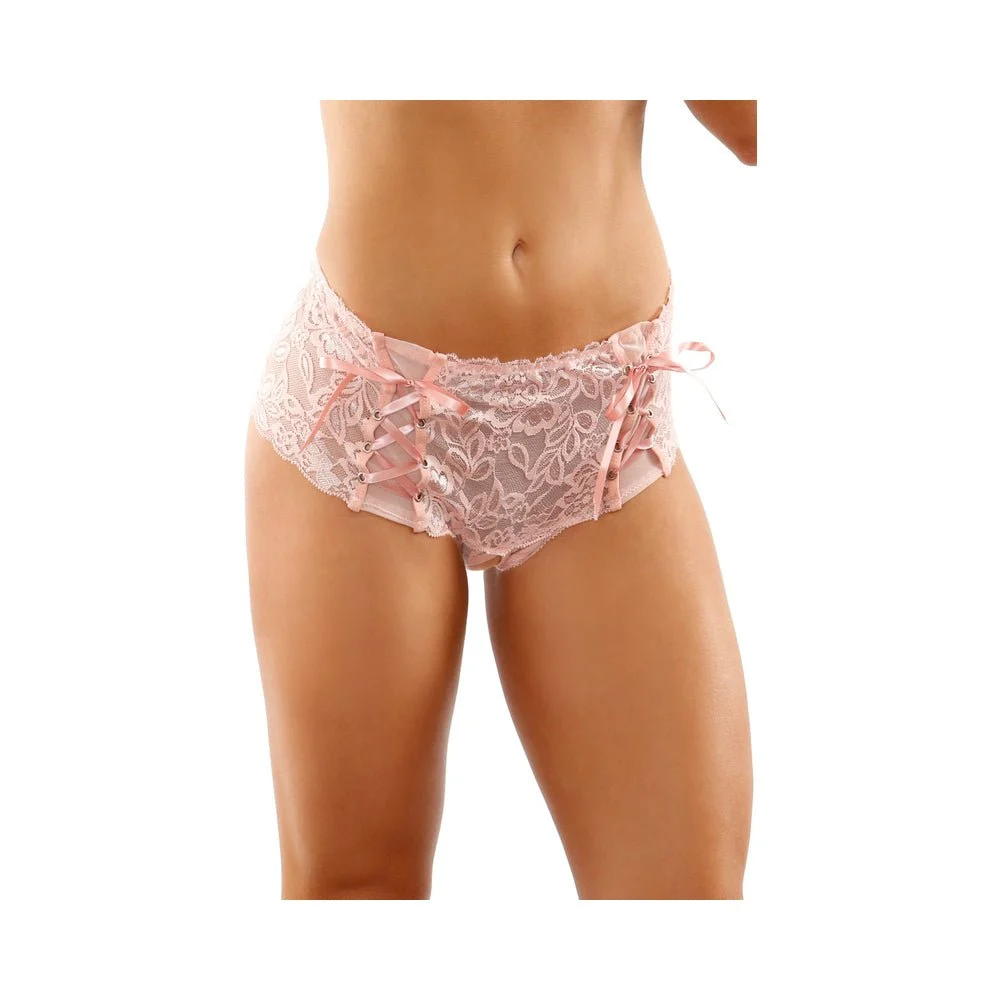 Magnolia Crotchless Lace Boyshort With Lace-up Panel Details Light Pink