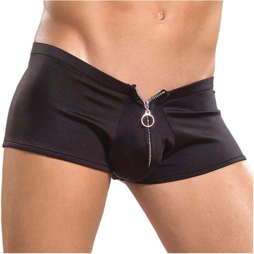 Male Power Nylon Spandex Zipper Short, Large/Extra Large, Black