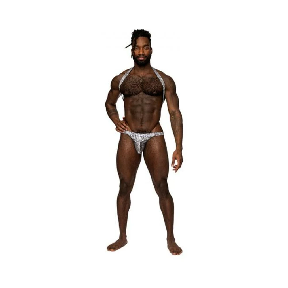 Male Power S'naked Shoulder Sling Harness Thong One-piece Silver/black