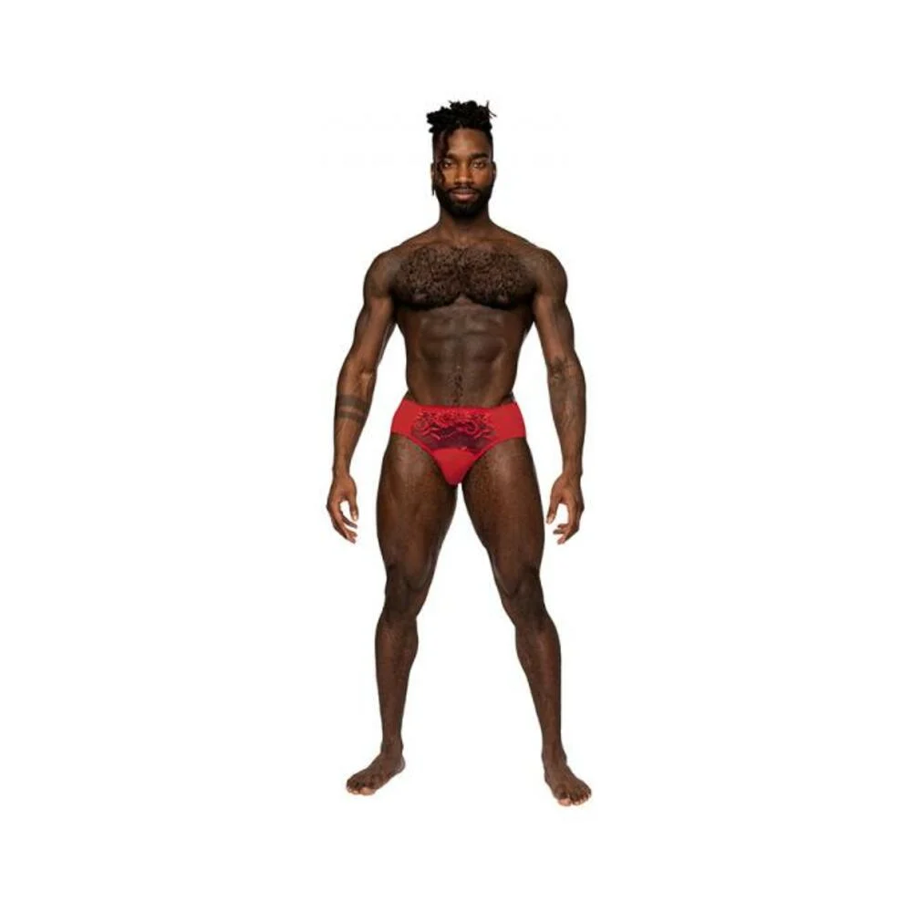 Male Power Sassy Lace Bikini Solid Pouch Red