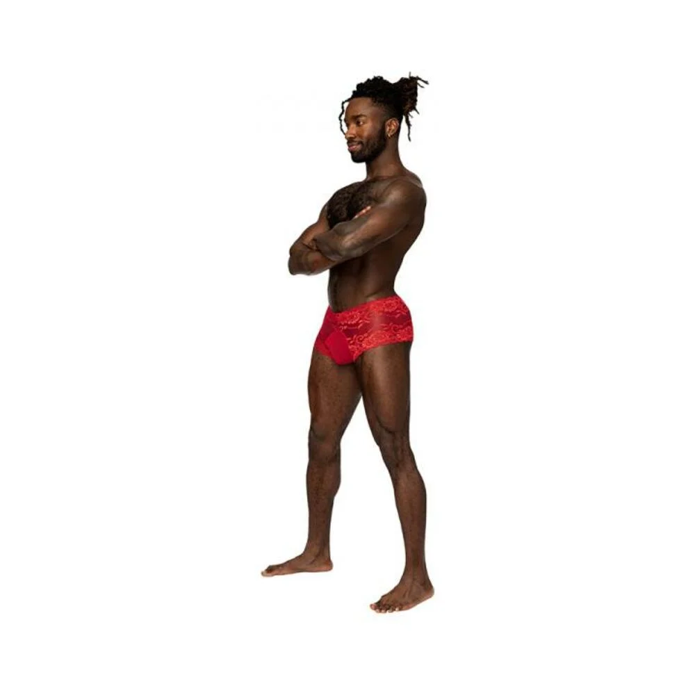 Male Power Sassy Lace Mini Short Sheer Pouch Red