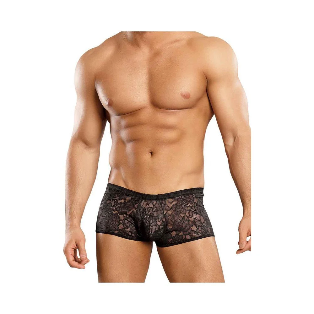Male Power Stretch Lace Mini Short Black