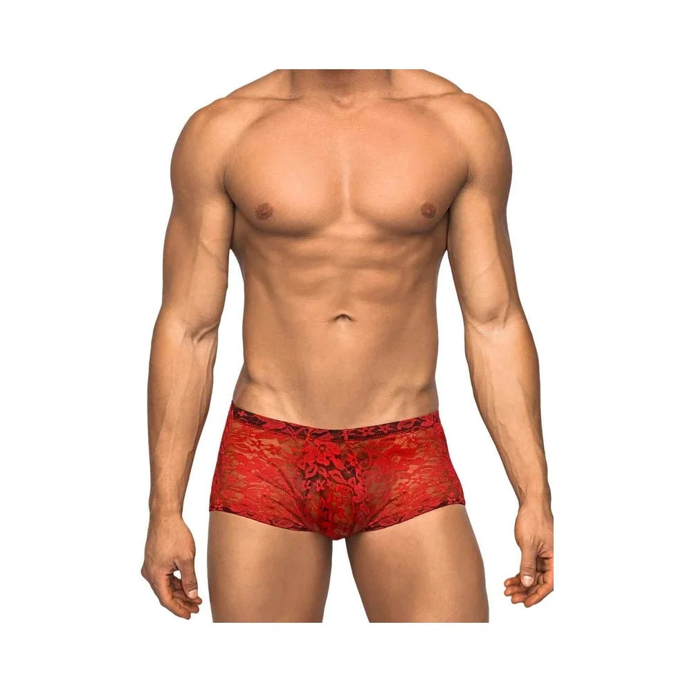 Male Power Stretch Lace Mini Short Red