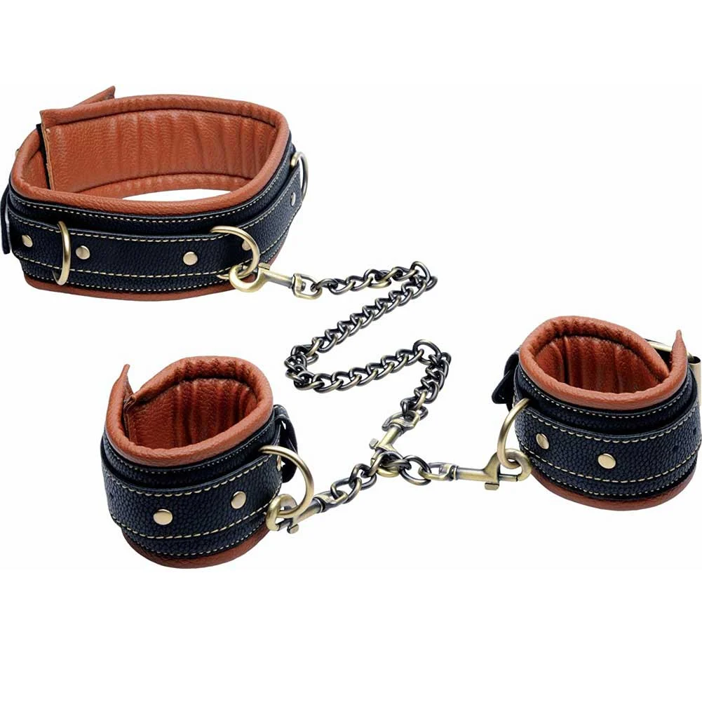 Master Series Coax Collar to Wrist Restraints, Black/Tan