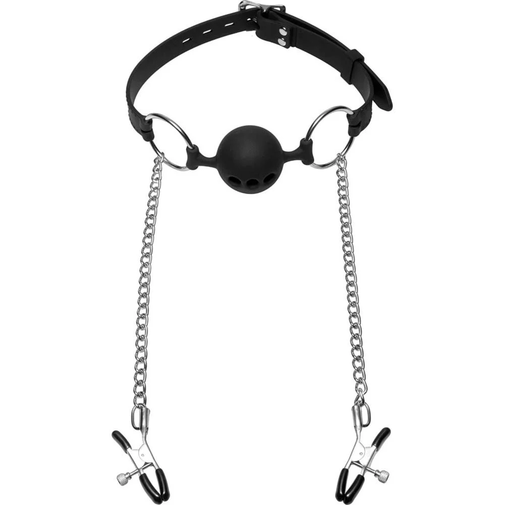 Master Series Hinder Breathable Silicone Ball Gag with Nipple Clamps, Black