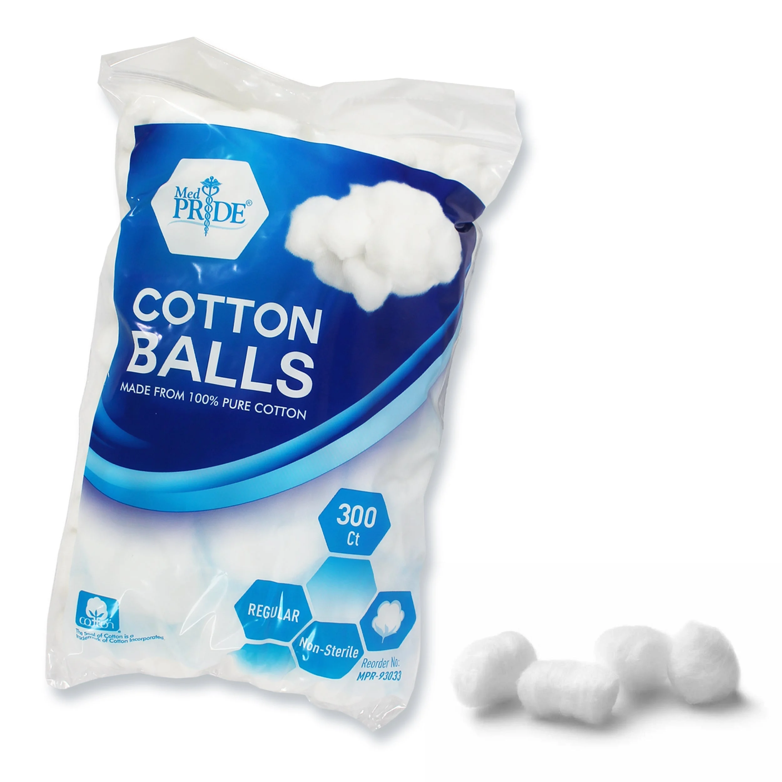 MedPride 100% Pure Cotton Balls, Regular, 300 ct - 48 bags/cs. (48 Count)