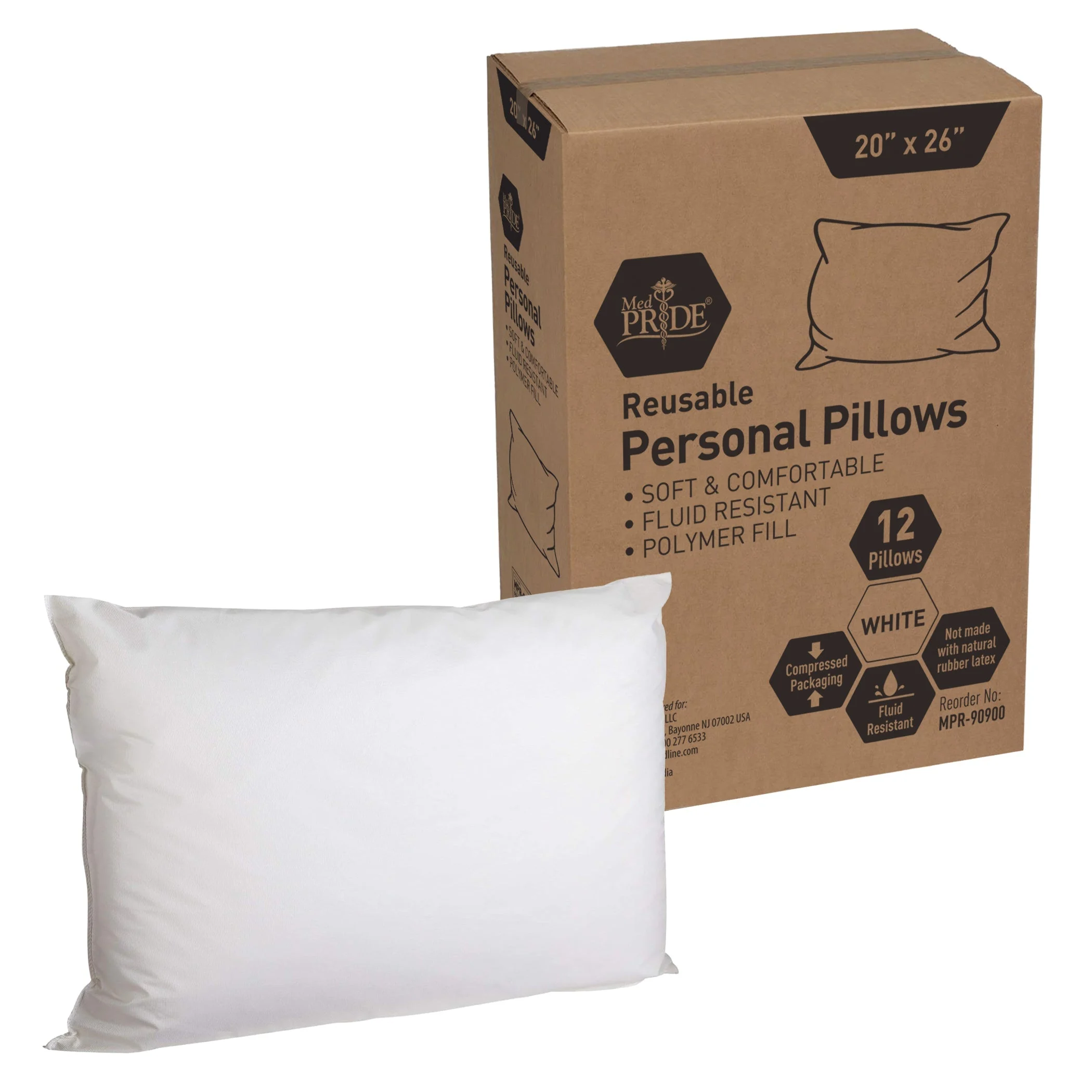 MedPride 20"x26" Reusable Personal Pillow, polymer fill, Fluid Resistant Bed Pillows - Multi Use - 12 Count