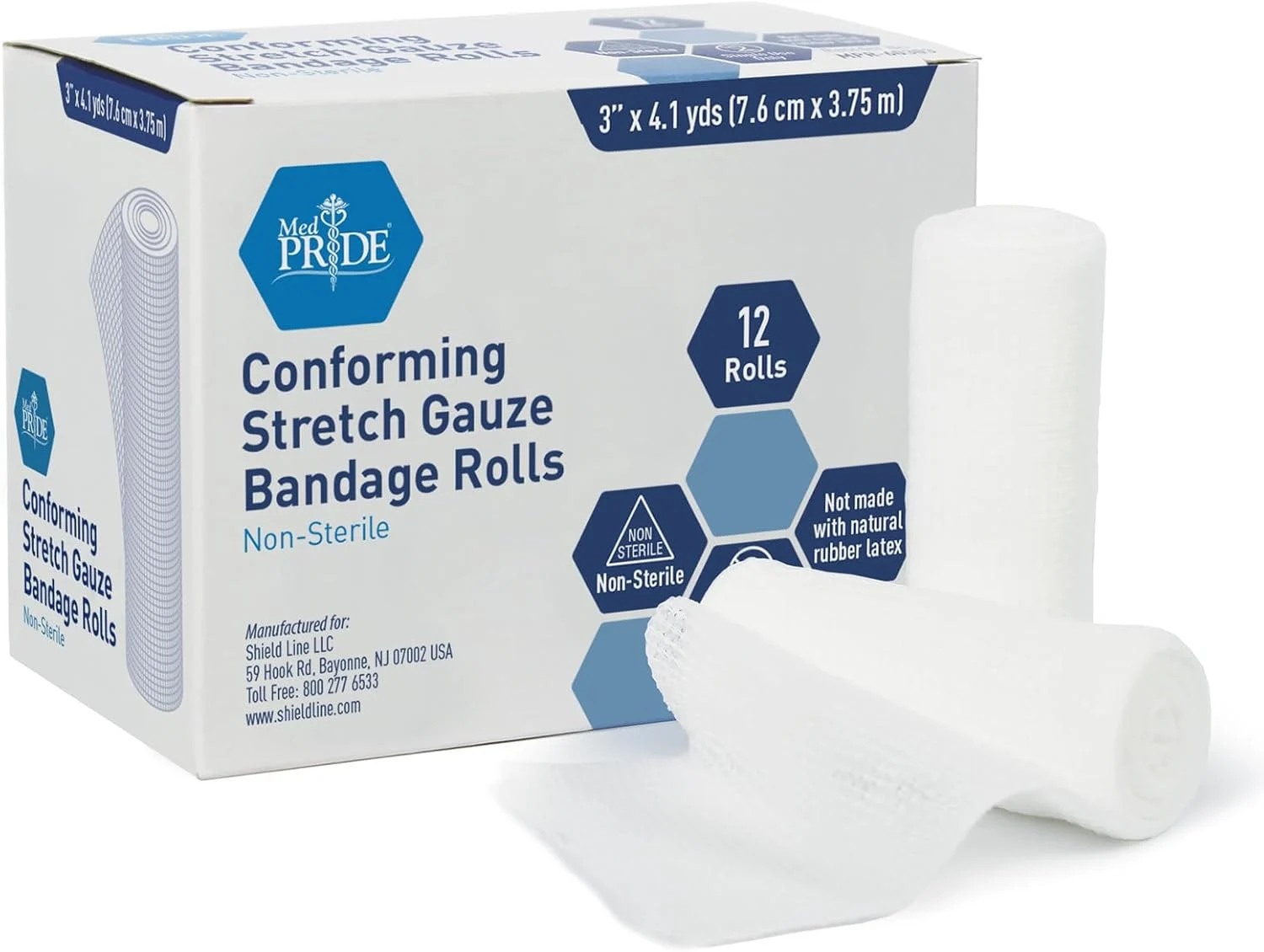 MedPride Conforming Stretch Gauze Bandage Roll -Non-Sterile - 12 Rolls, Case of 8 (96 Count)