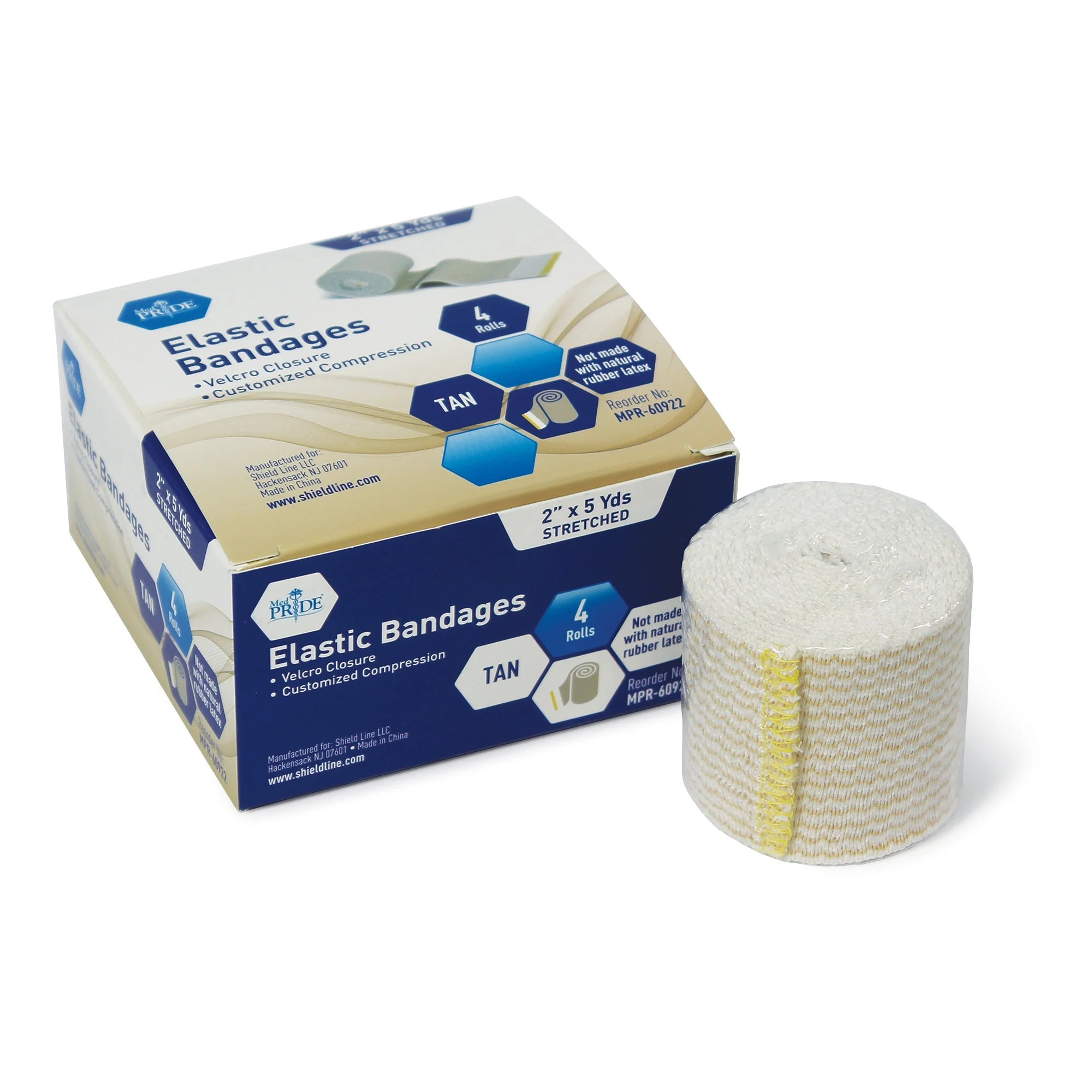 MedPride Elastic Bandages, Tan - Velcro - 2"x5 yds - 4pcs/bx, Case of 120 (480 Count)