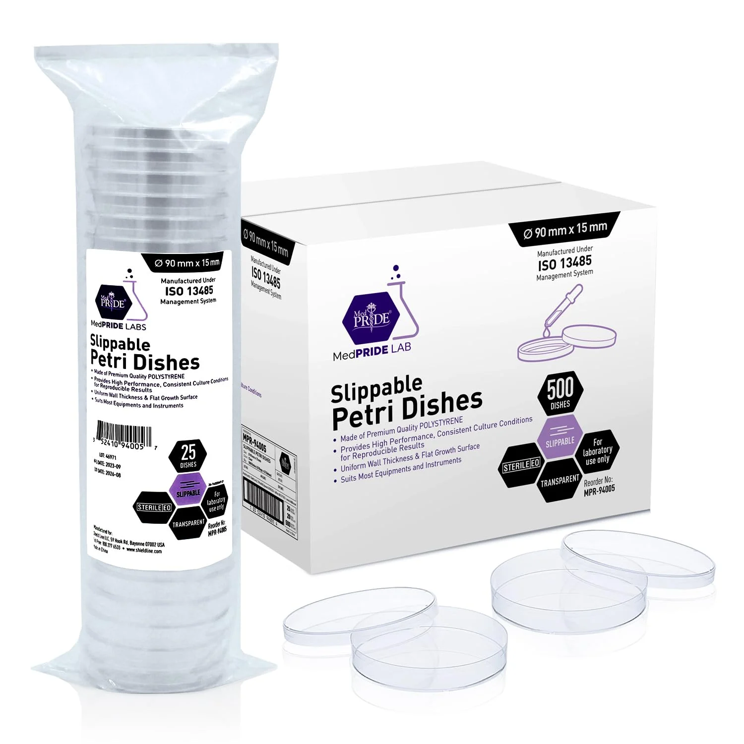 MedPride Slippable Petri Dishes with Lids, Sterile 90mmx15mm -20 Pack of 25 (500 Count)