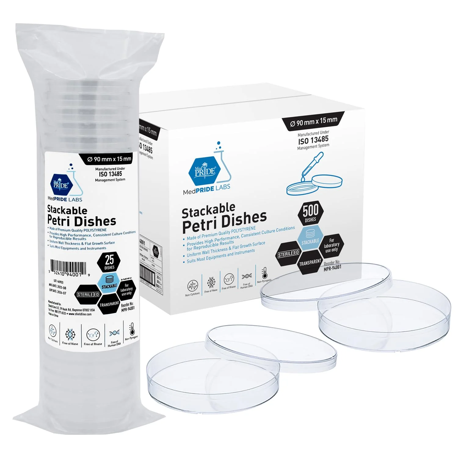 MedPride Stackable Petri Dishes with Lids, Sterile 90mmx15mm -20 Pack of 25 (500 Count)