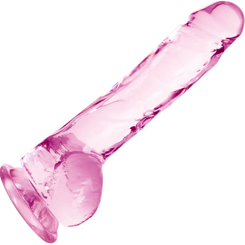 Naturally Yours Crystalline Dildo with Balls and Suction Cup, 8", Rose