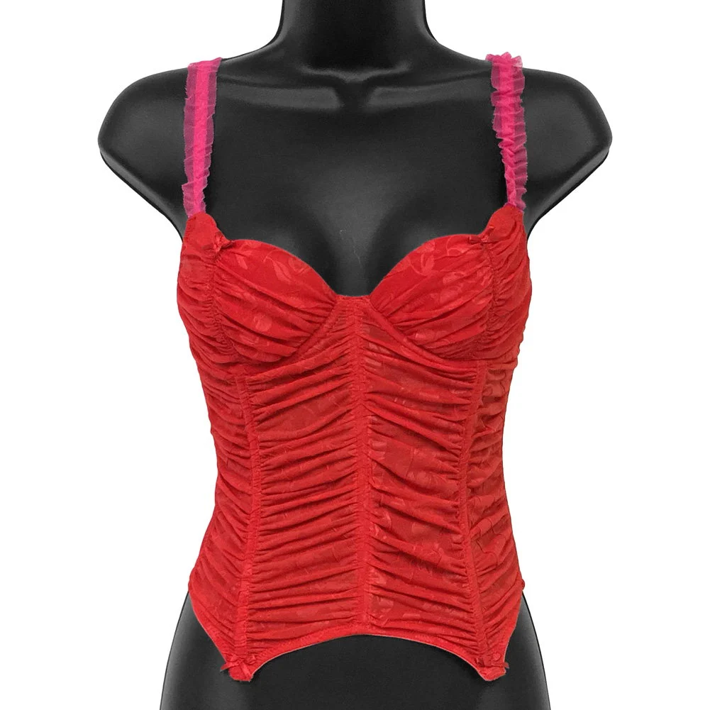 Necessary Objects Cherry Pie Underwire and Boning Bustier with Garters, 34B, Red