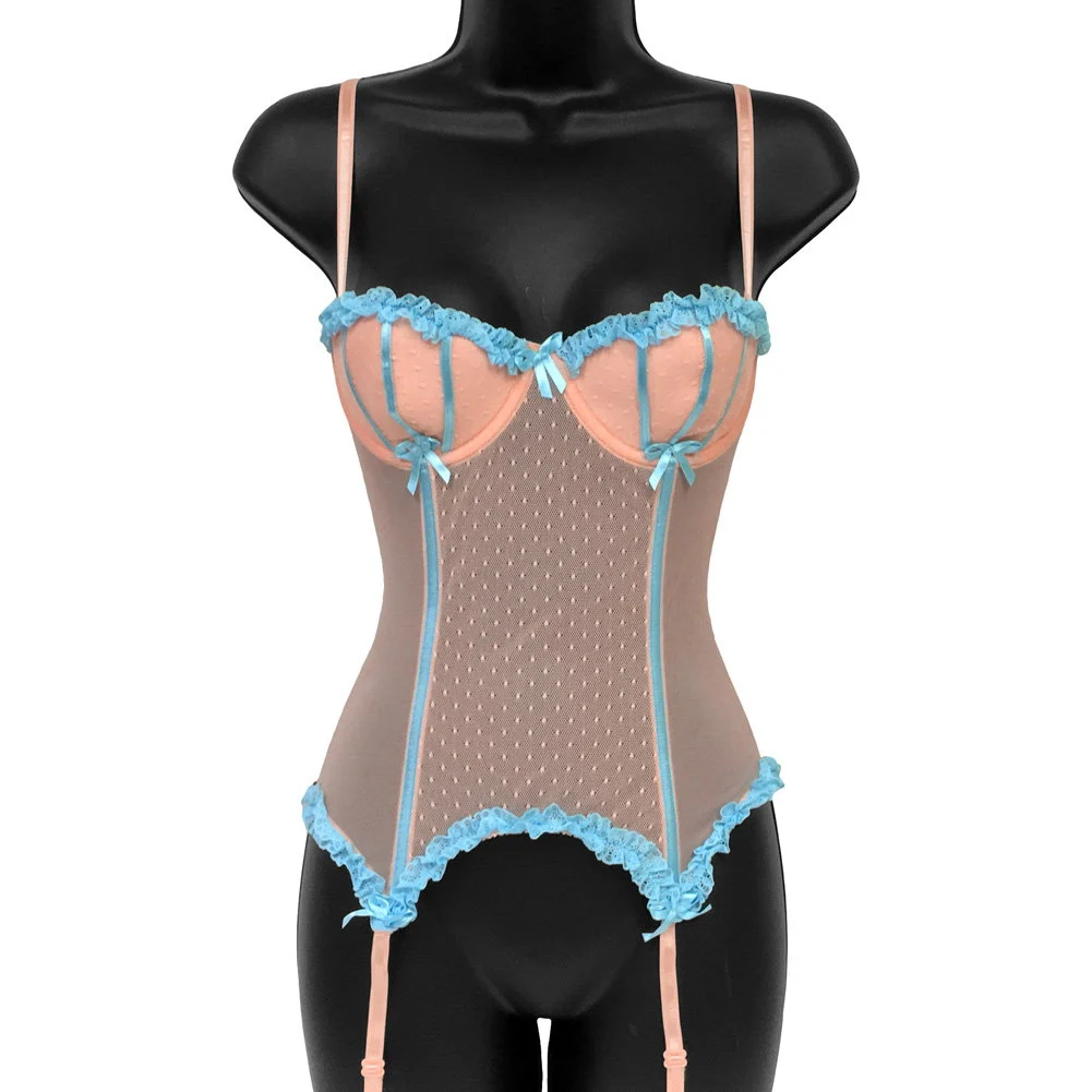 Necessary Objects Show Girl Bustier with Removable Straps and Garters, 34C, Peach Puff