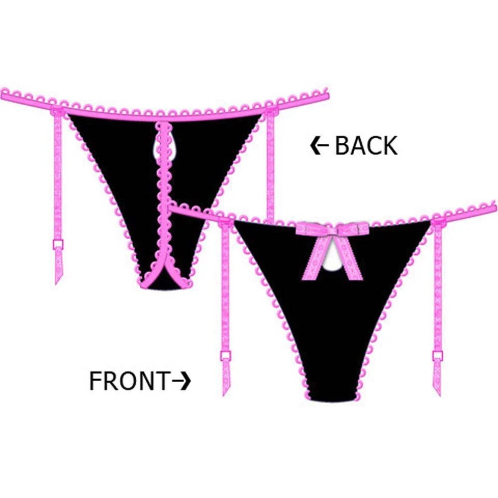 Necessary Objects Temptress Keyhole G-String Panty with Garters, Large, Pink/Black