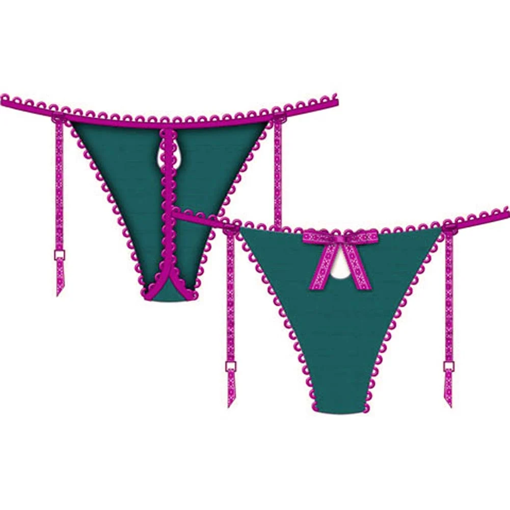 Necessary Objects Temptress Keyhole G-String Panty with Garters, Medium, Blue/Pink