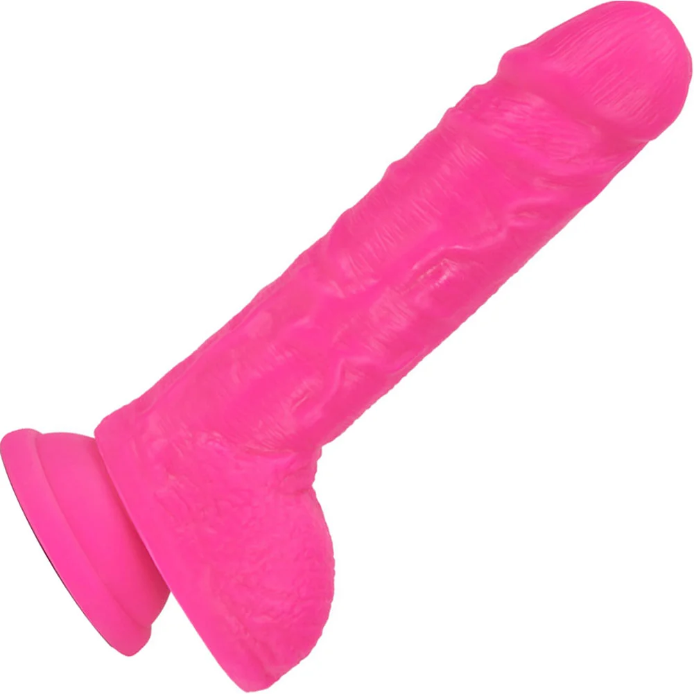 Neo Dual Density Dildo with Balls and Suction Cup, 9", Neon Pink