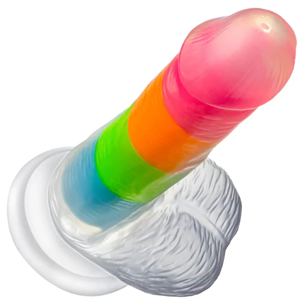 Neo Elite Glow-in-the-Dark Rainbow Rave Silicone Dual Density Dildo, 6.5", Rainbow