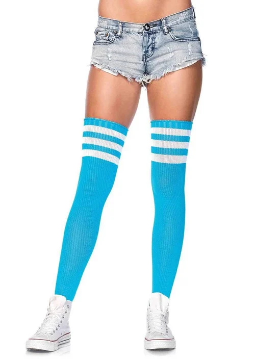 Neon Blue Athletic Ribbed Thigh Highs with 3 Stripes