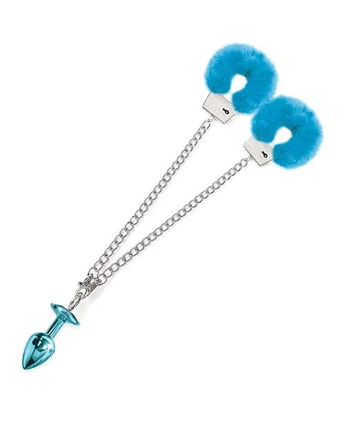 Nixie Blue Metal Butt Plug and Blue Furry Cuff Set