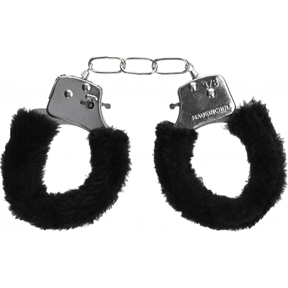 Ouch Black & White Beginners Furry Wrist Cuffs with Quick Release Button, Black