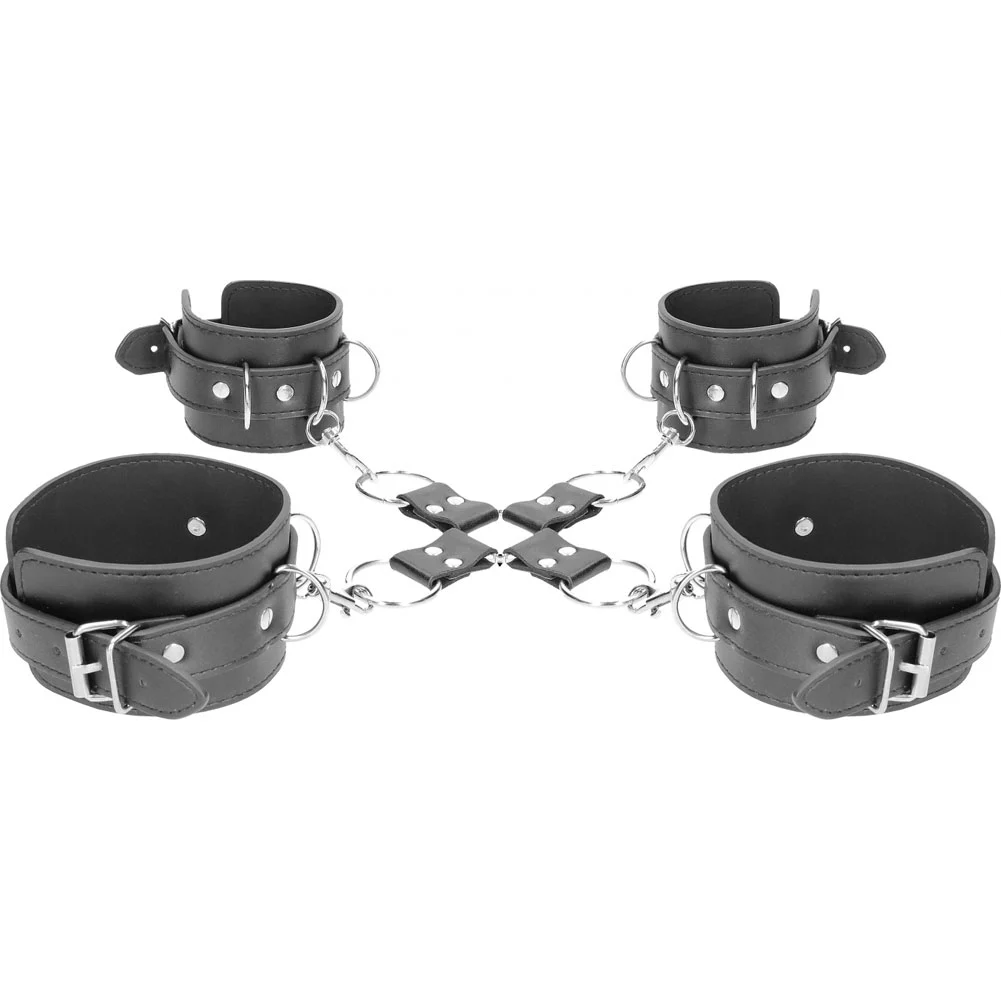 Ouch Black & White Bonded Leather Hogtie with Hand and Ankle Cuffs, Black