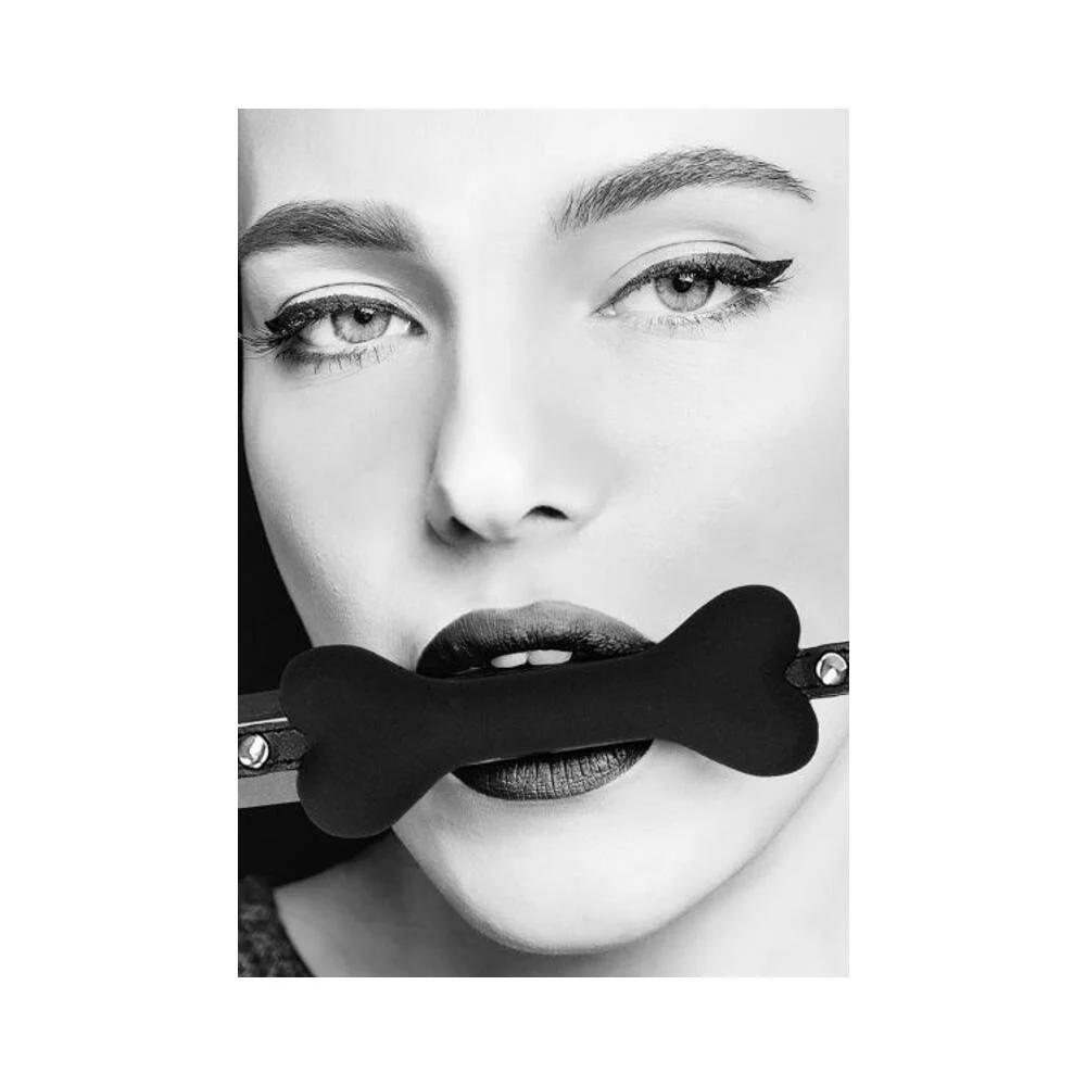 Ouch! Black & White Silicone Bone Gag With Adjustable Bonded Leather Straps Black