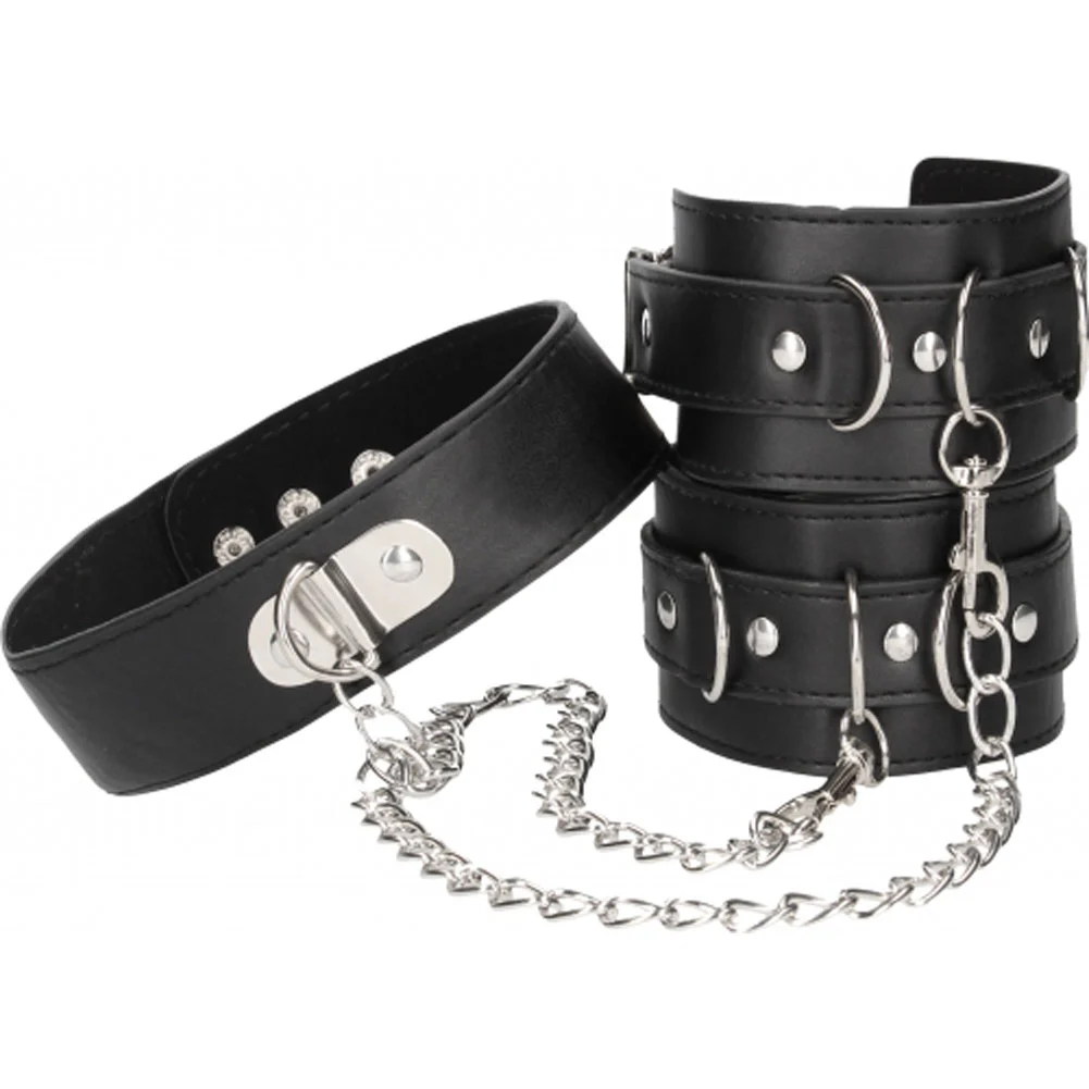 Ouch Bonded Leather Collar with Hand Cuffs with Chain, Black