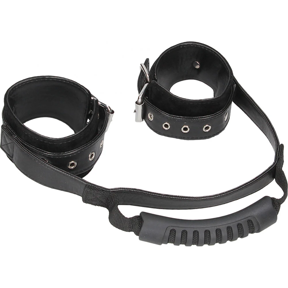 Ouch Bonded Leather Hand Cuffs with Handle and Adjustable Straps, Black