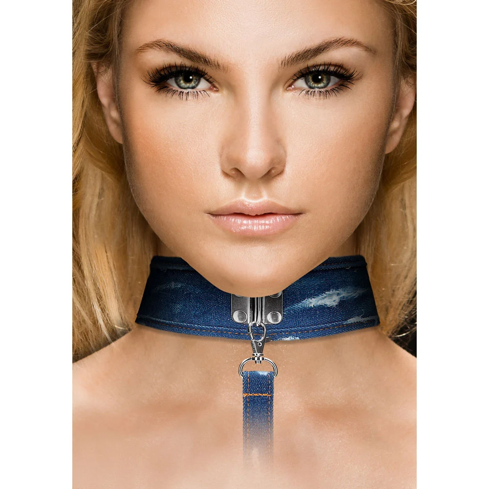 Ouch Denim Collar with Leash Roughened Denim Style, Blue