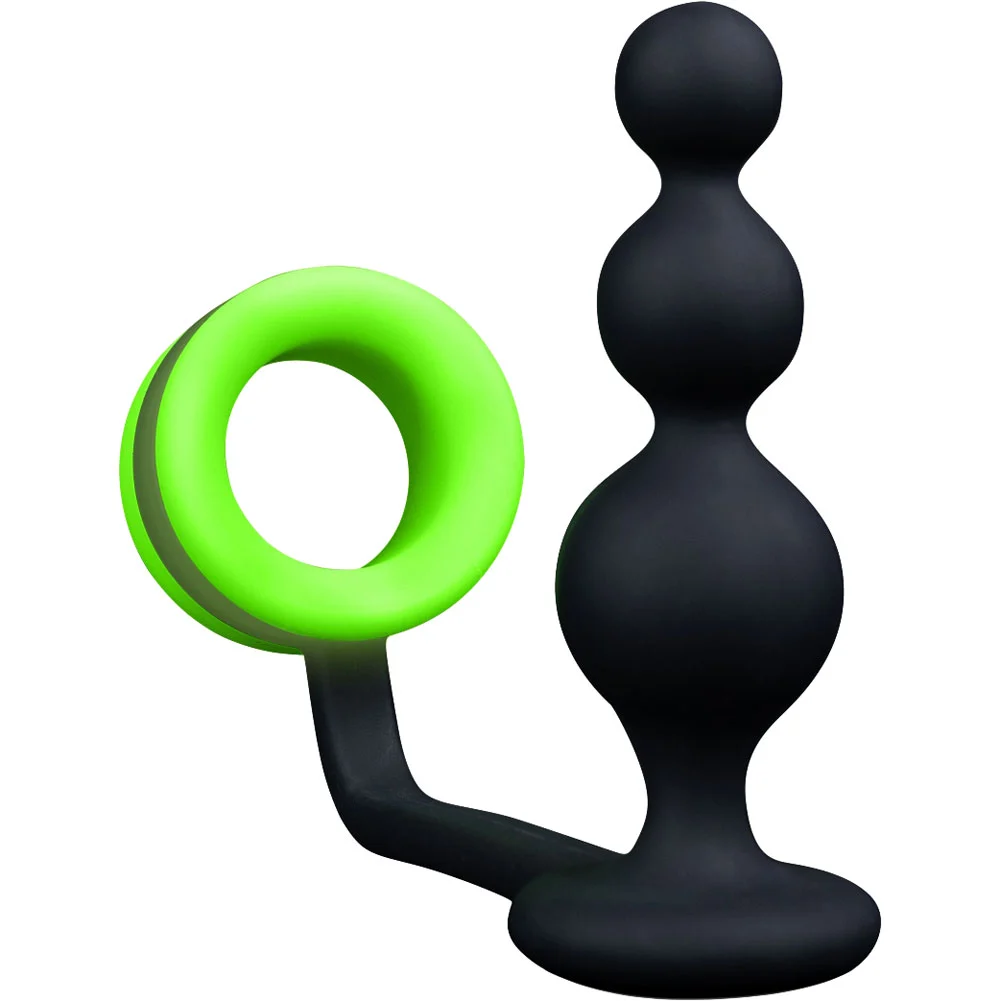 Ouch Glow in the Dark Beaded Silicone Plug wiith Detachable Penis Ring, 4.25", Neon Green