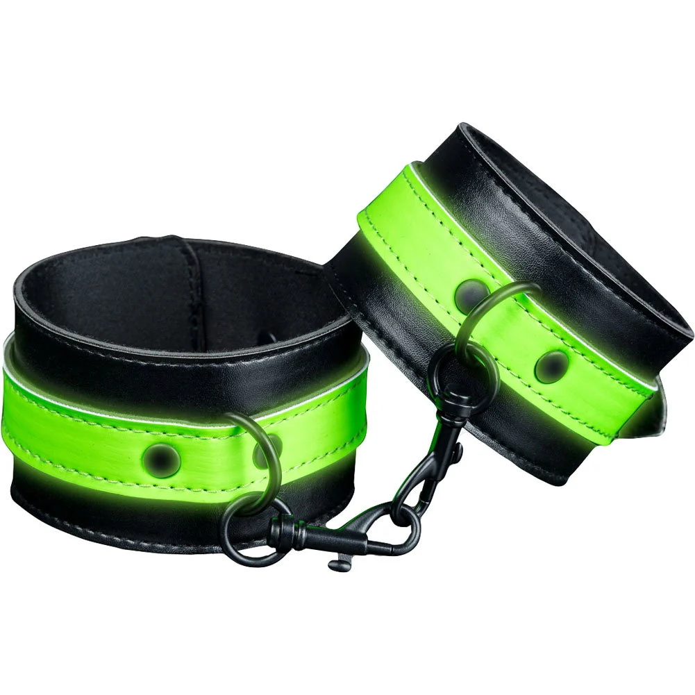 Ouch Glow in the Dark Bonded Leather Ankle Cuffs, Neon Green