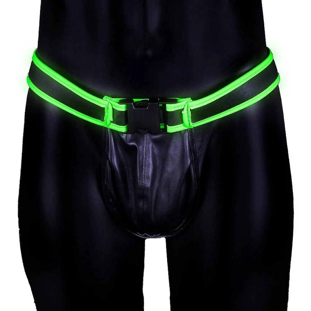 Ouch Glow in the Dark Bonded Leather Buckle Jock Strap, S/M, Neon Green