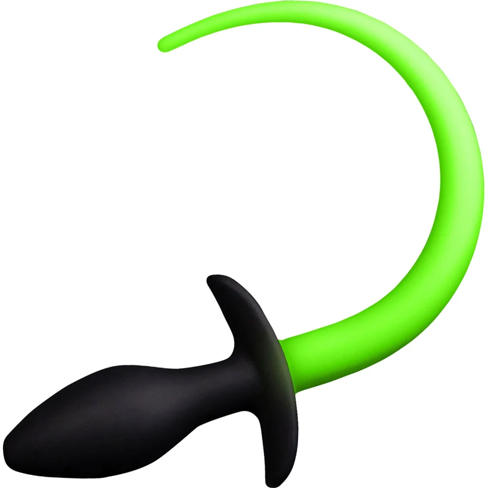 Ouch Glow in the Dark Silicone Puppy Tail Anal Plug, Neon Green/Black