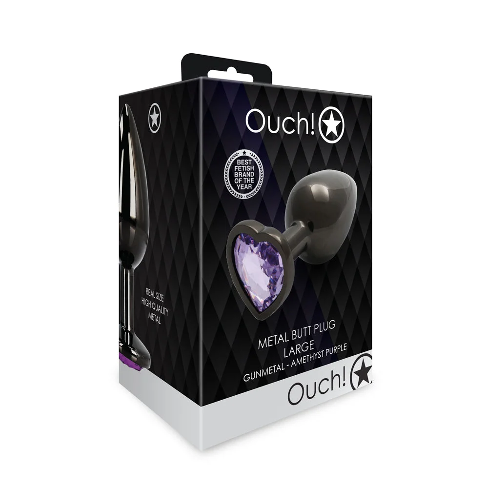 Ouch! Heart Gem Butt Plug, Large, Gunmetal Amethyst