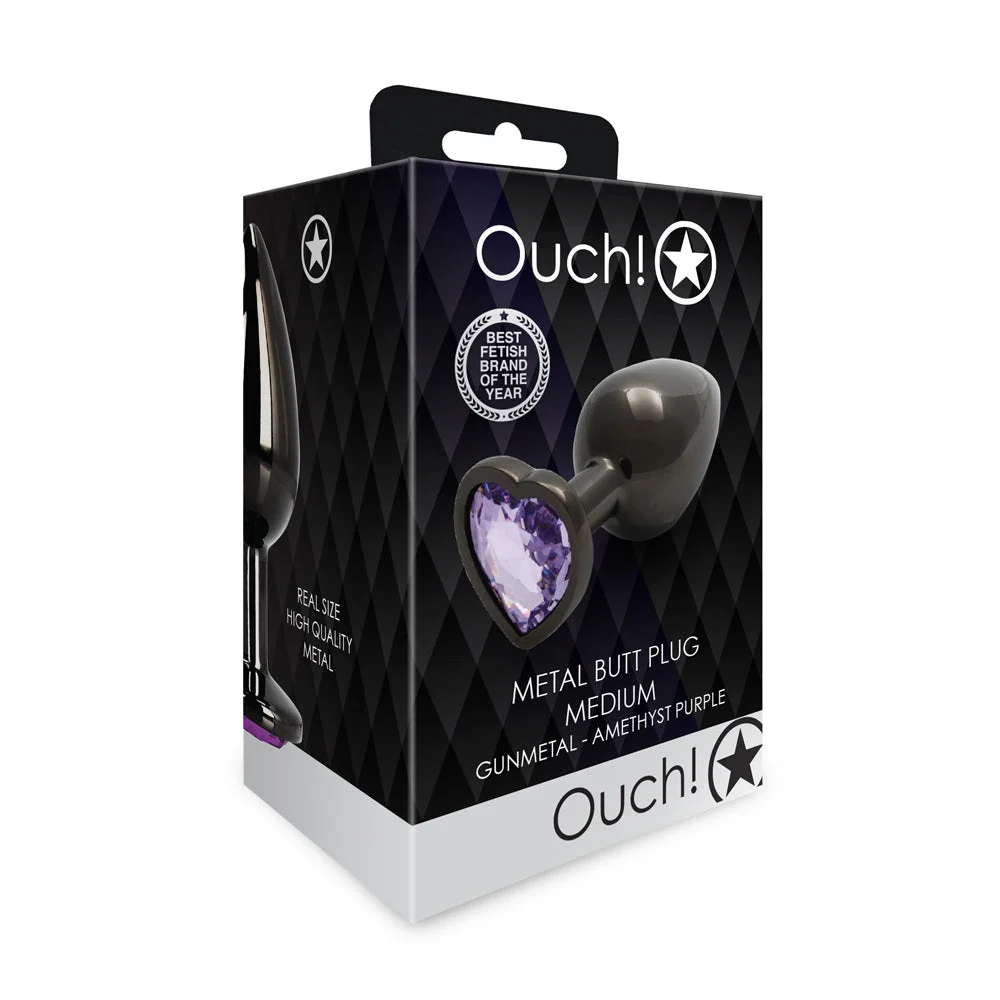 Ouch! Heart Gem Butt Plug, Medium, Gunmetal Amethyst