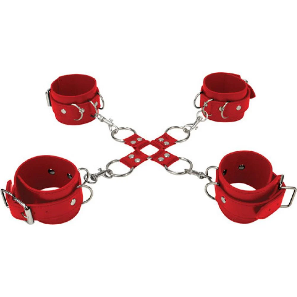 Ouch Leather Hogtie Cuffs for Kinky Lovers, One Size, Red