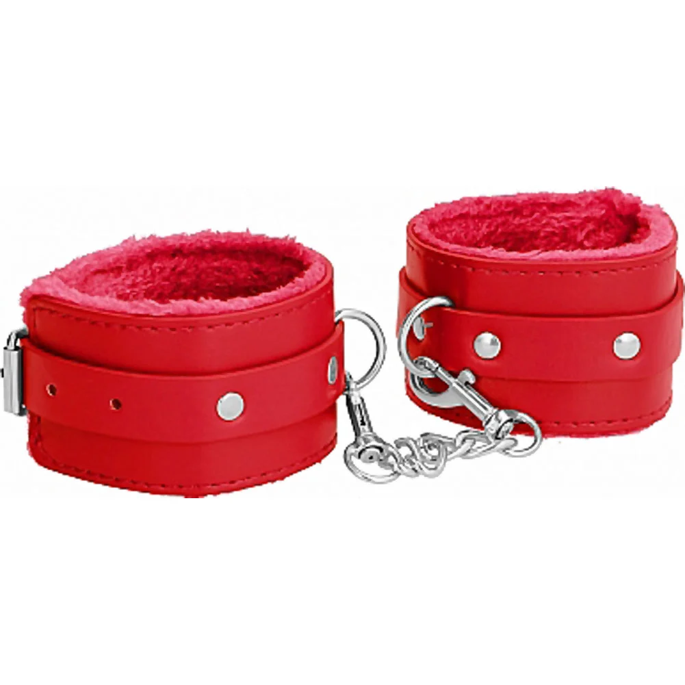 Ouch Premium Plush Leather Ankle Cuffs, One Size, Red