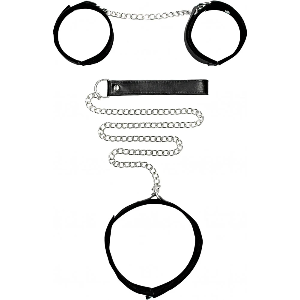Ouch Velcro Collar with Leash and Wrist Cuffs with Adjustable Straps, Black