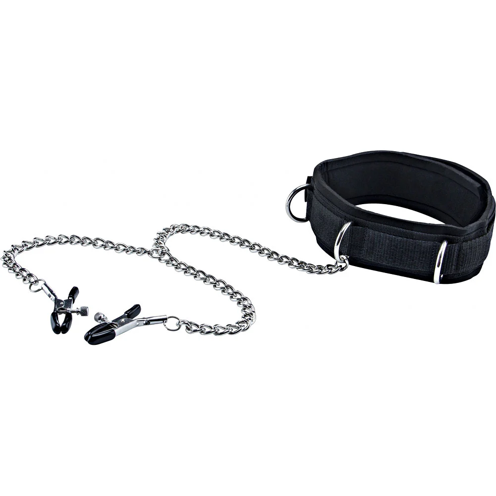 Ouch Velcro Collar with Nipple Clamps and Adjustable Straps, Black