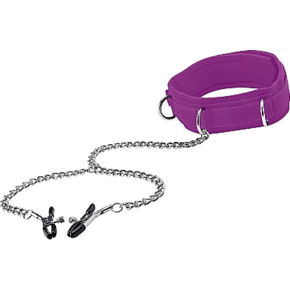 Ouch Velcro Collar with Nipple Clamps, One Size, Purple